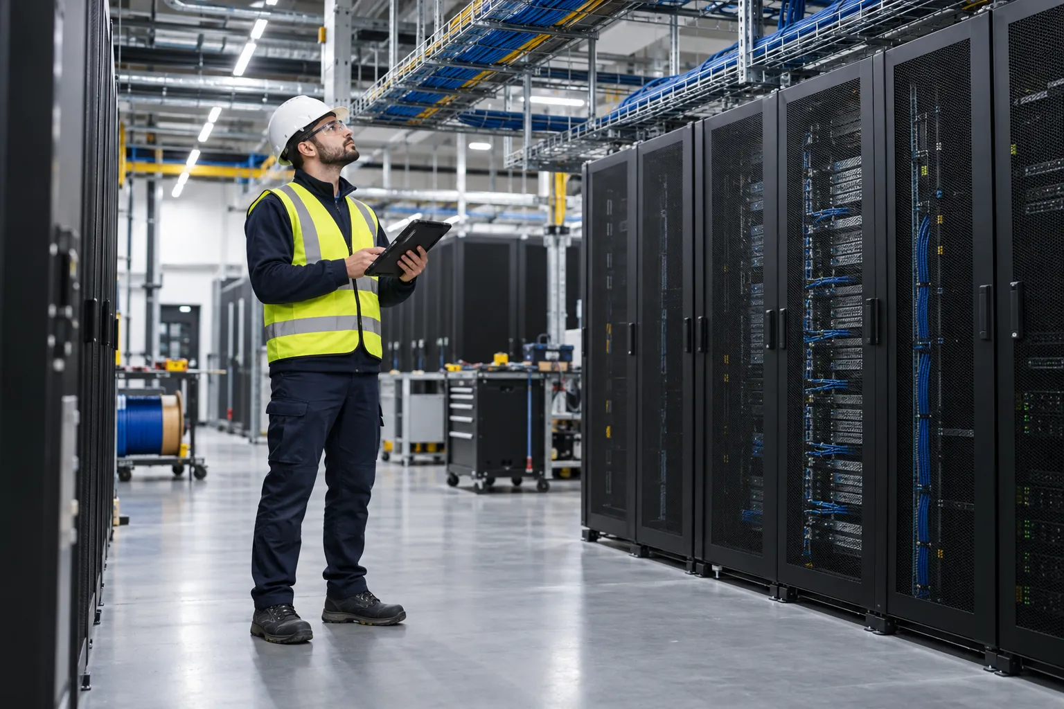Hazx engineer with a tablet inspecting a data centre aisle