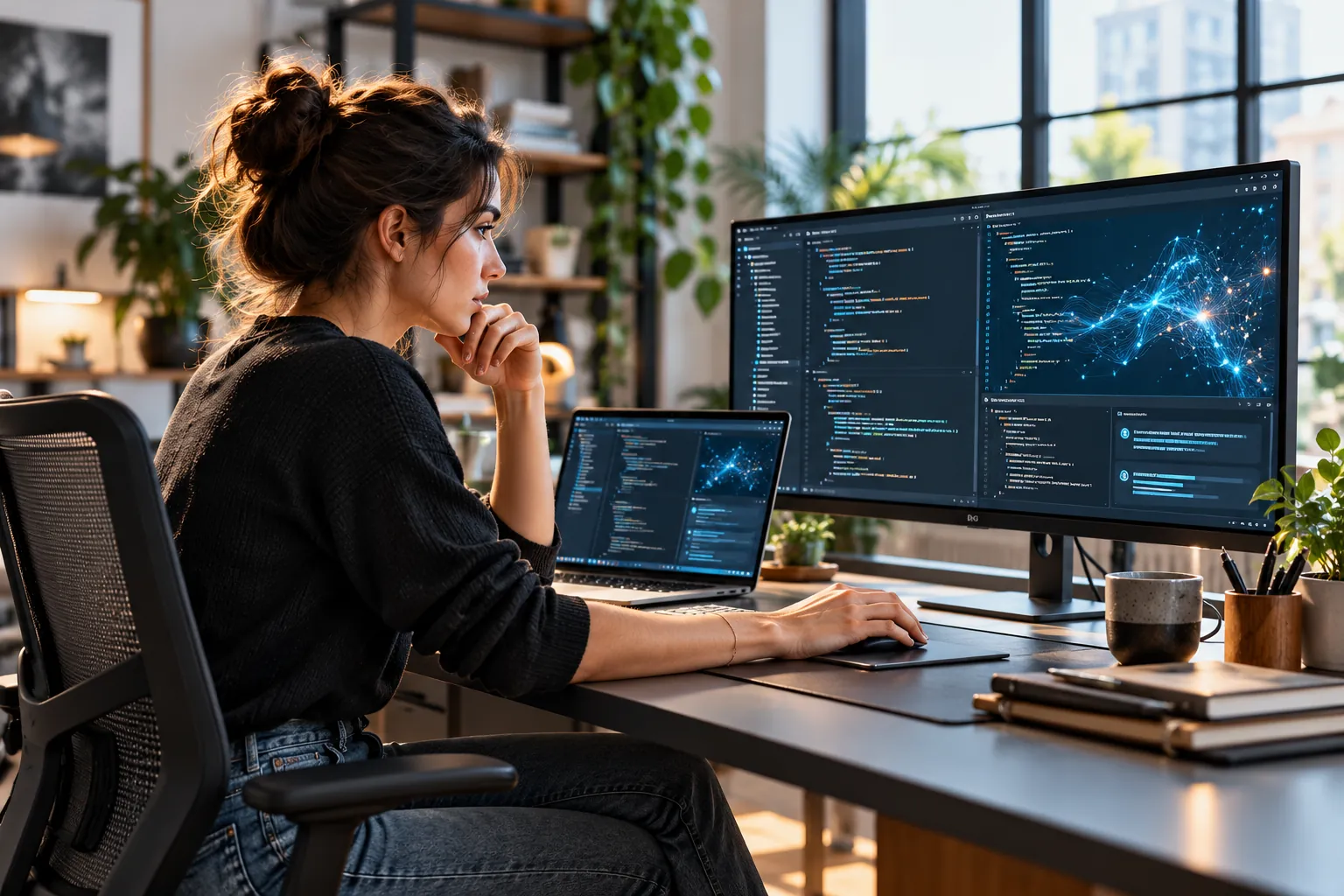 Developer writing code at a desk with two screens