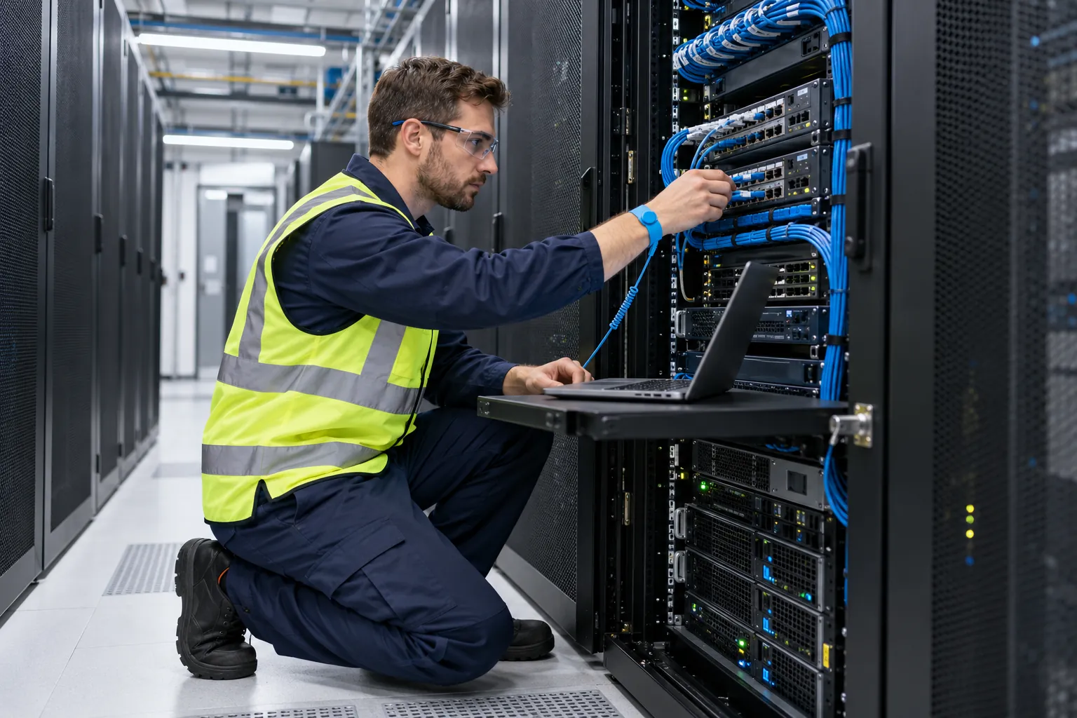 Hazx engineer patching network cables in a server rack