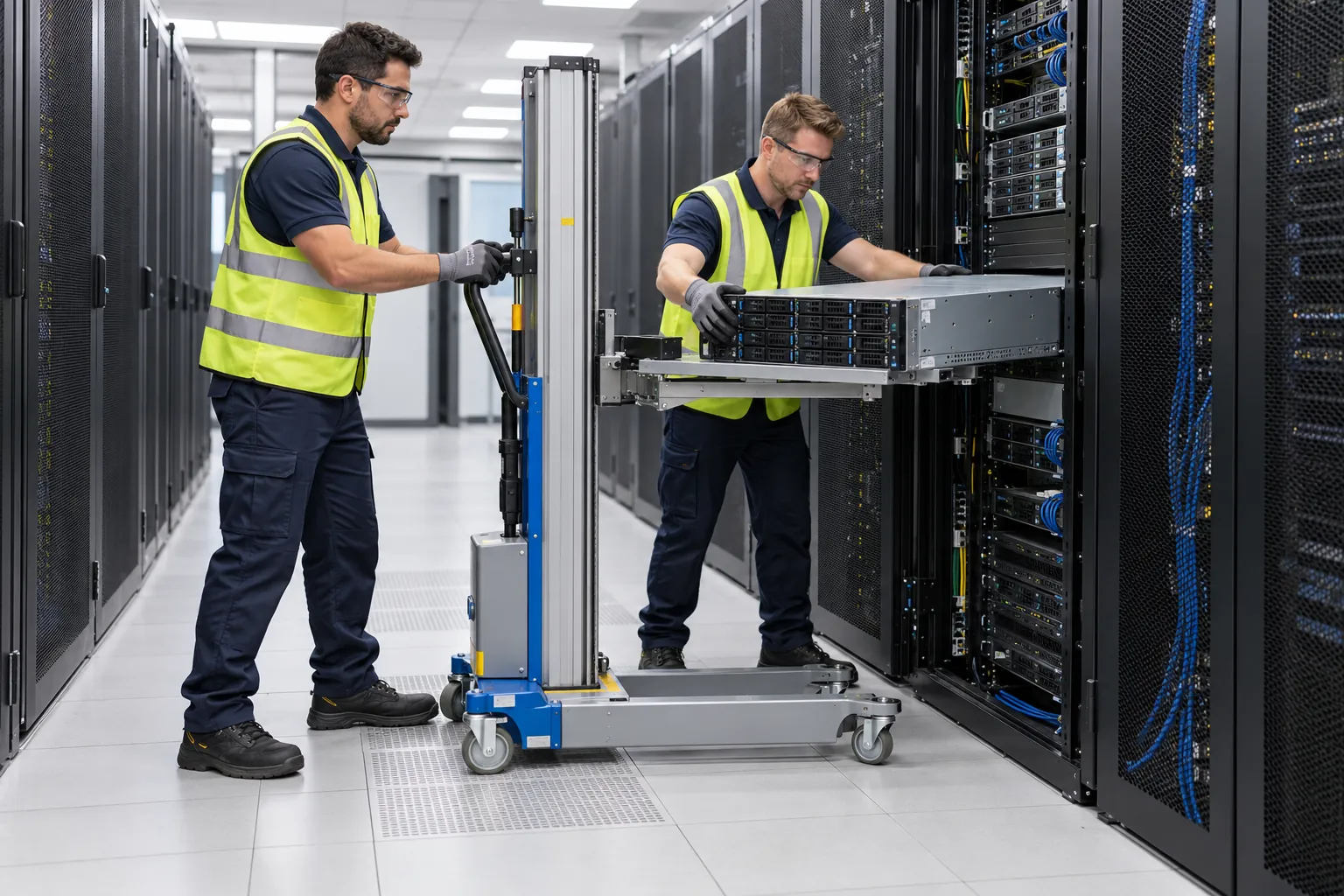 Two Hazx engineers installing a server into a rack with a lift
